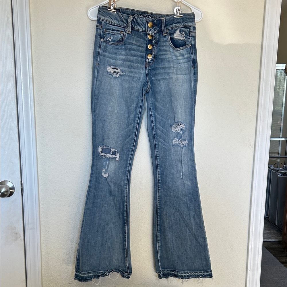 American Eagle Outfitters Blue Distressed Flare Jeans